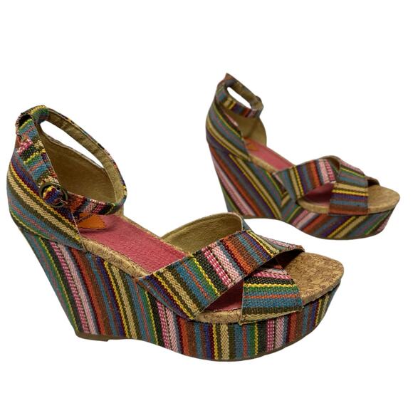 Rocket Dog CLARA Wedges Sz 8M Serape Guatemala Stripes Boho Festival Chunky Heel - Picture 1 of 12
